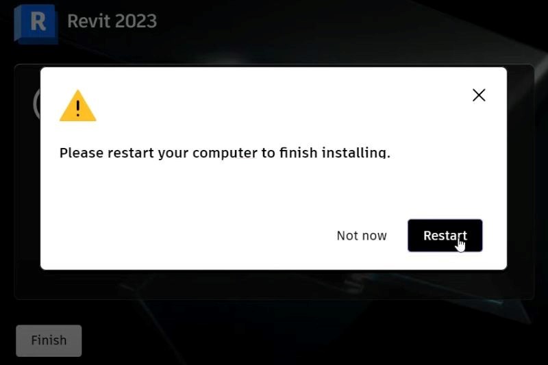 Quá trình cài đặt Revit 2023 Full Crack hoàn tất nhấp vào “Restart”