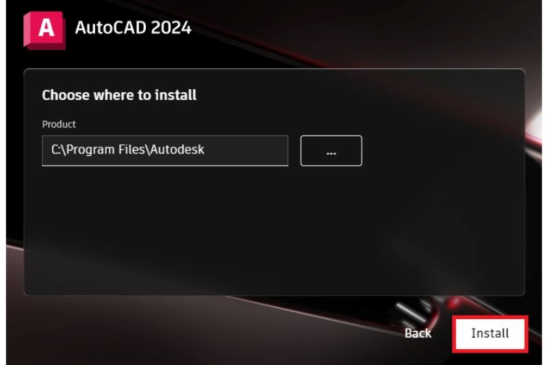 Bắt đầu cài đặt Autocad 2024 Full Crack chọn Install.