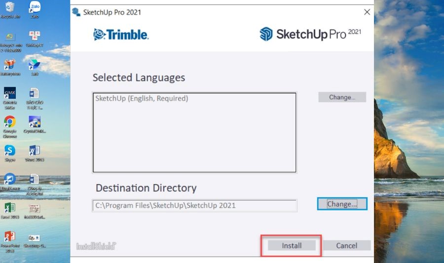 Nhấp vào 'Install' để cài đặt SketchUp 2023 Full Crack