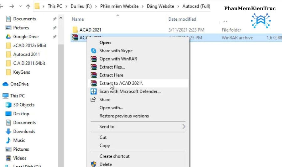 Giải nén để cài đặt phần mềm Autocad 2021 Full Crack