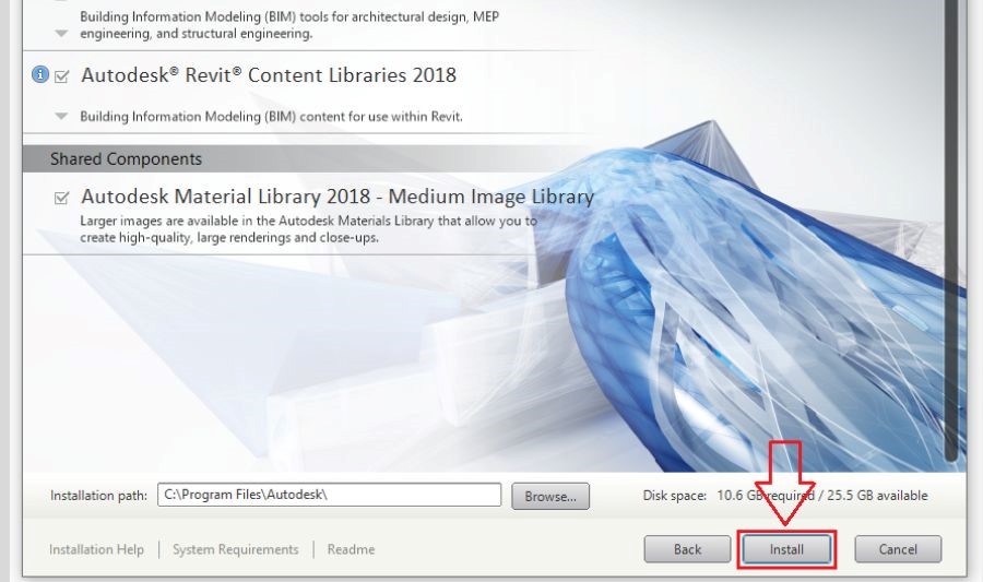 Chọn Install như hình chờ cài đặt Revit 2018 Full Crack